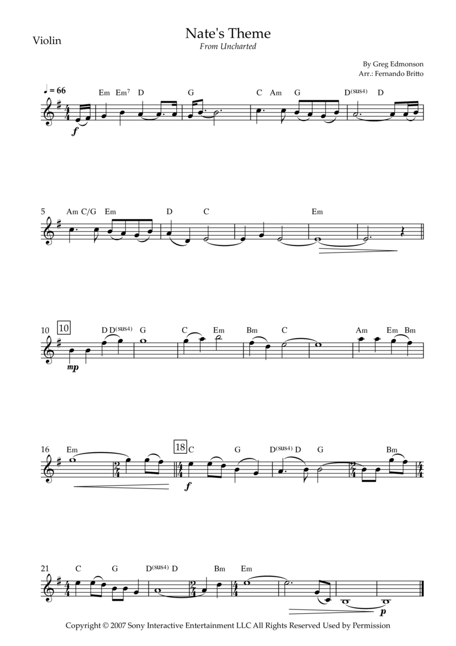 Uncharted: Nate's Theme Violin Solo scores gallery preview page 1