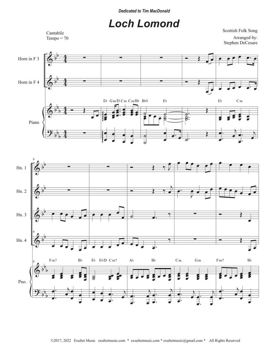 Loch Lomond (French Horn Quartet and Piano) French Horn Quartet scores gallery preview page 1