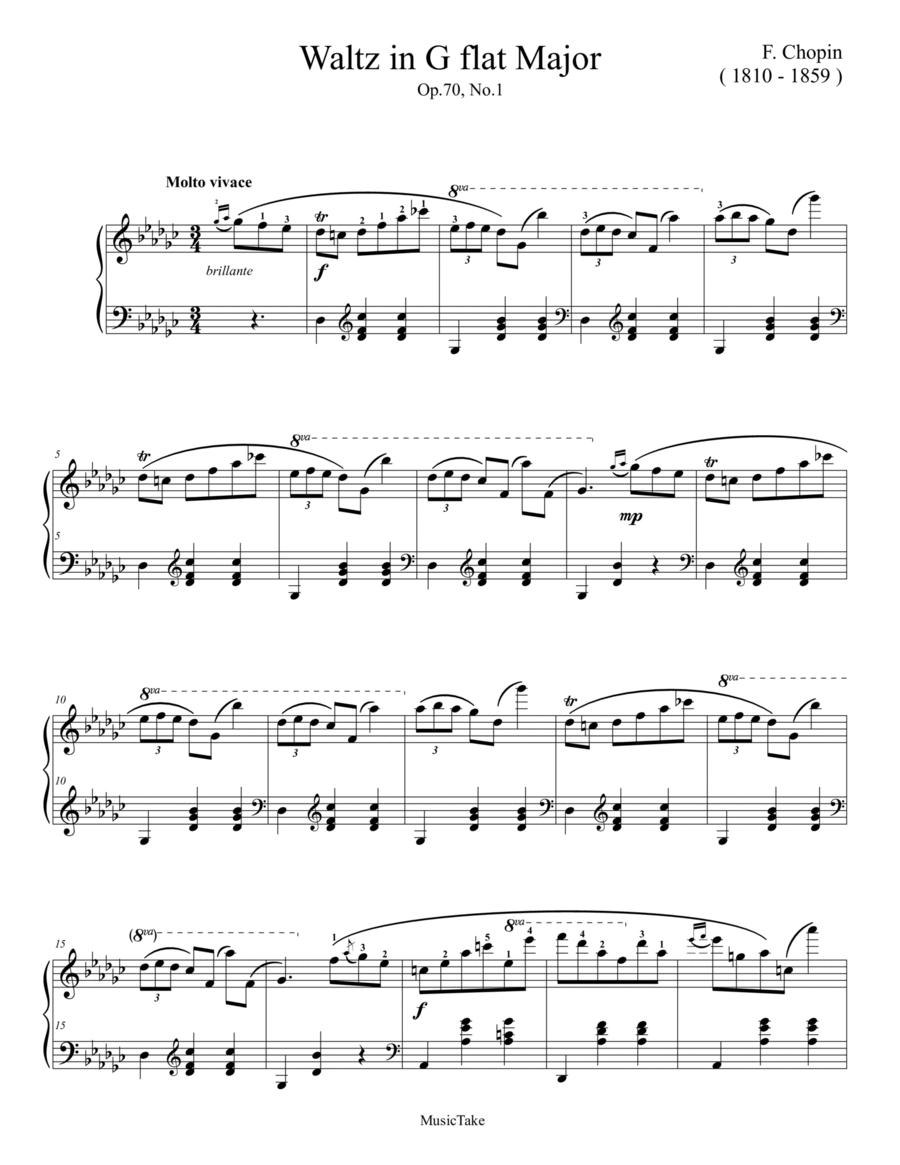 Chopin Waltz in G flat Major Op.70, No.1 Piano Solo scores gallery preview page 1