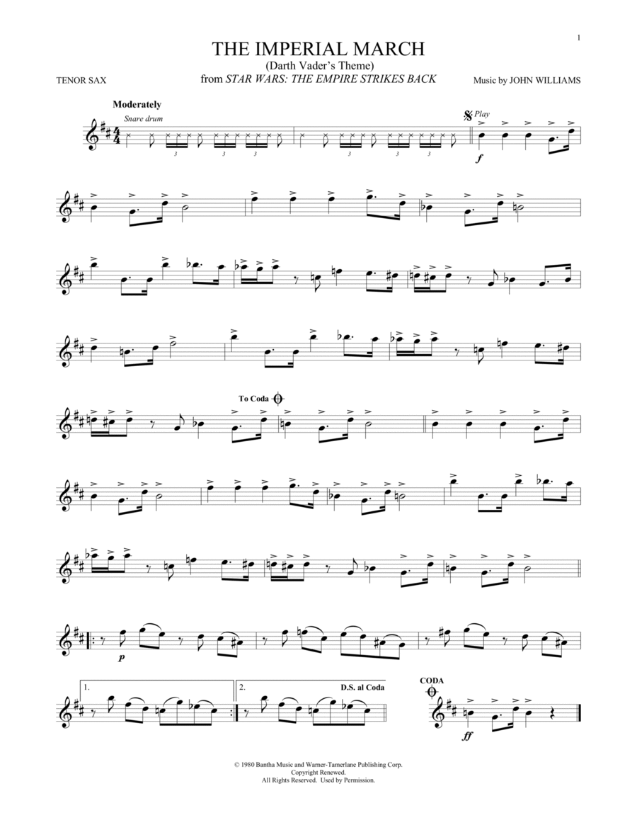The Imperial March (Darth Vader's Theme) (from Star Wars: The Empire Strikes Back) Tenor Saxophone scores gallery preview page 1