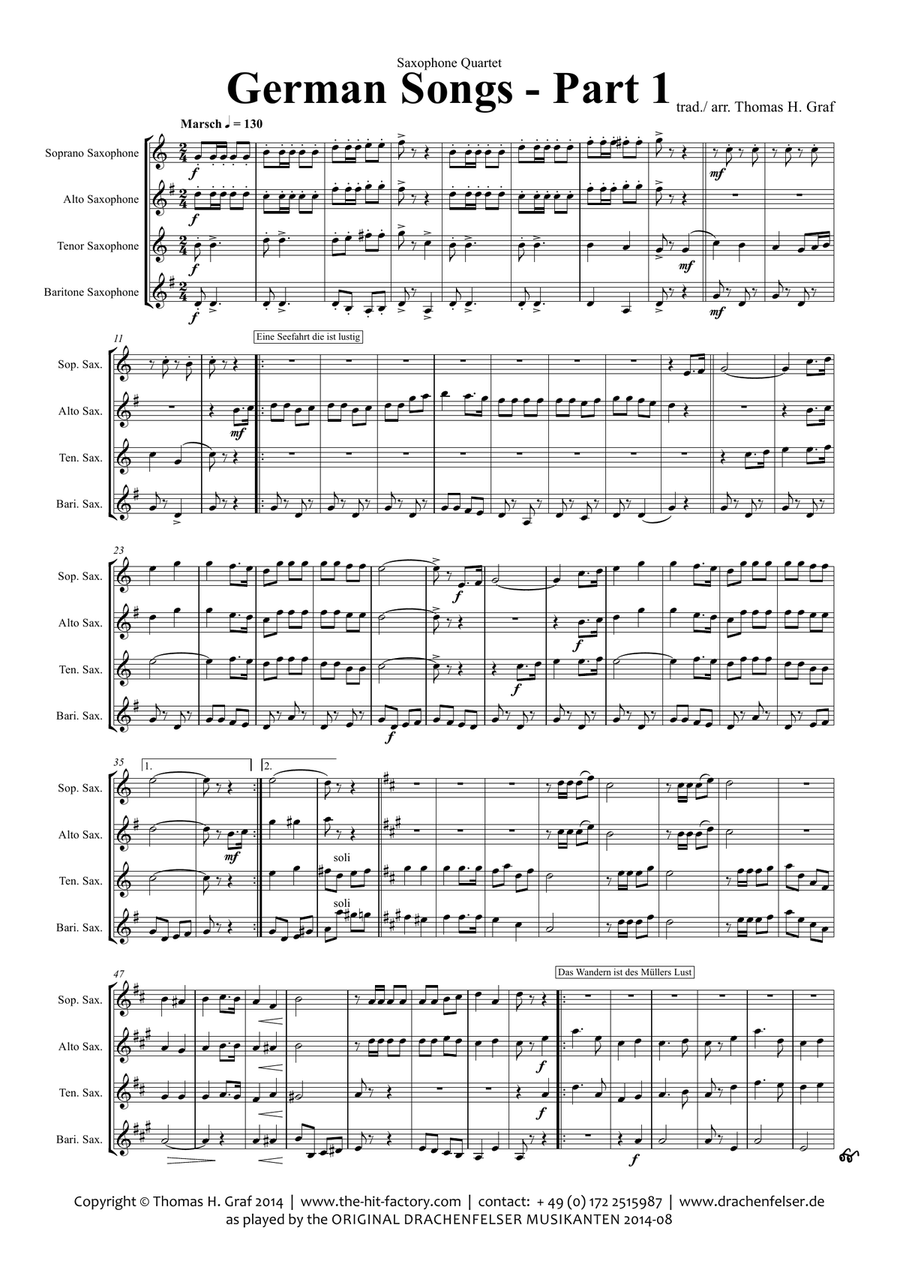 German Songs Part 1 - Oktoberfest - Saxophone Quartet S(A)ATB(BassSax) Saxophone Quartet scores gallery preview page 1