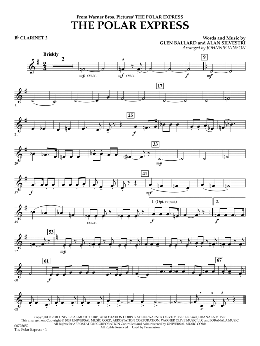 The Polar Express (Main Theme) (arr. Johnnie Vinson) - Bb Clarinet 2
