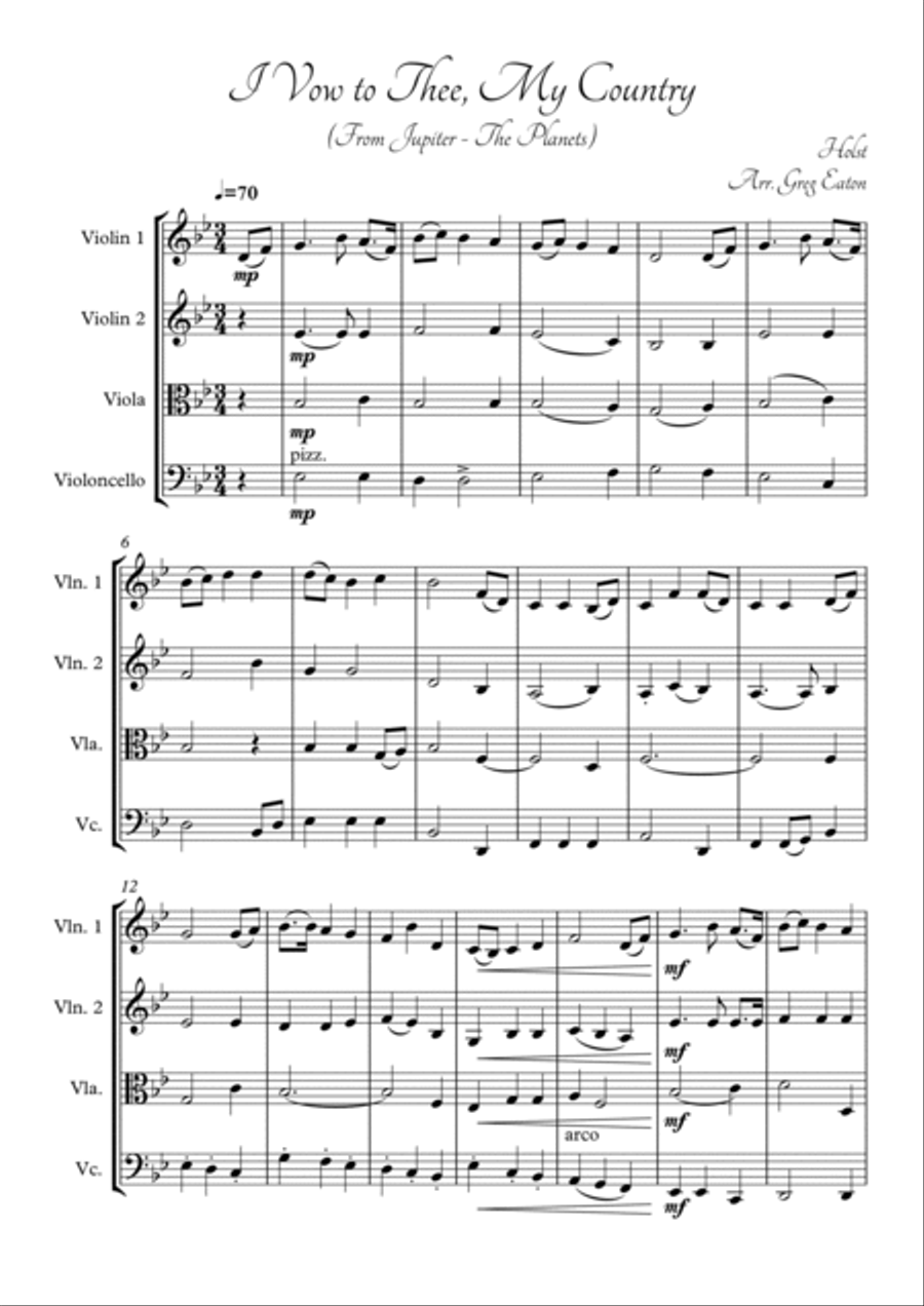 I Vow to Thee, My Country, by Holst, from The Planets. Arranged for string quartet by Greg Eaton. Pe image number null