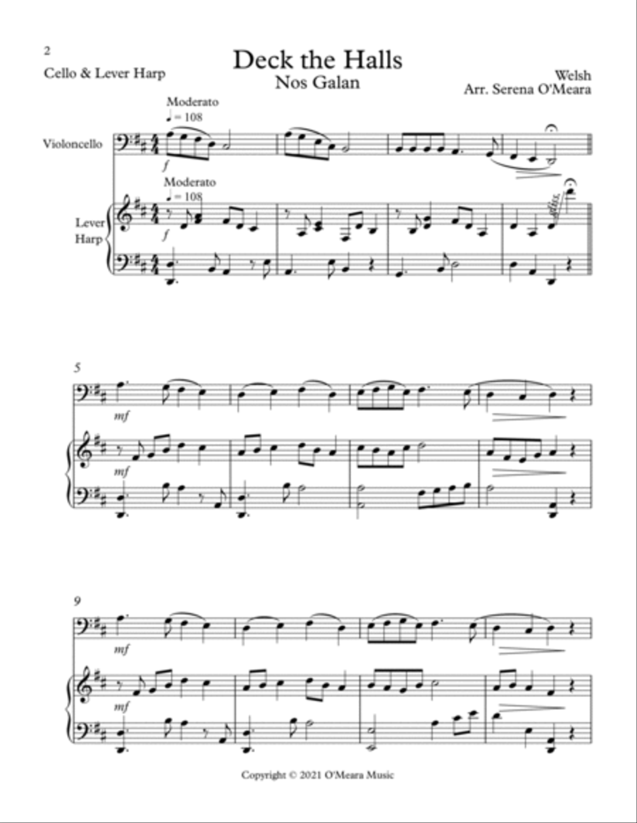 Deck The Halls, Duet for Cello and Lever Harp String Duet scores gallery preview page 2