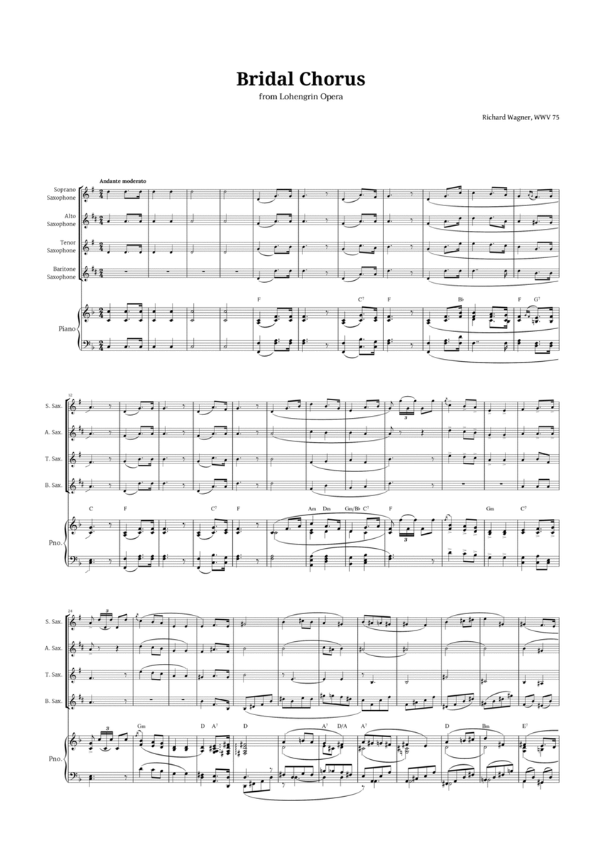 Bridal Chorus by Wagner for Sax Quartet and Piano with Chords image number null