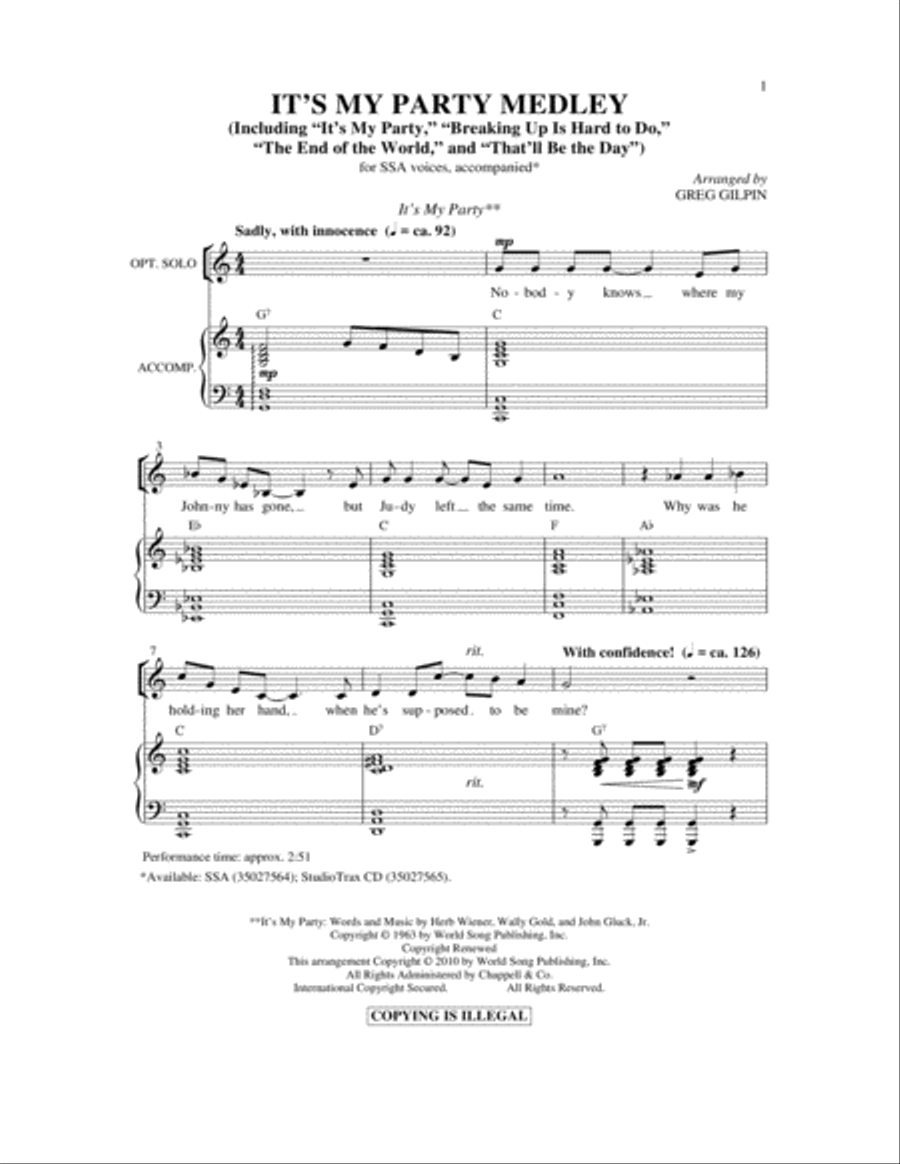 It's My Party Medley It's My Party Medley SSA scores gallery preview page 1