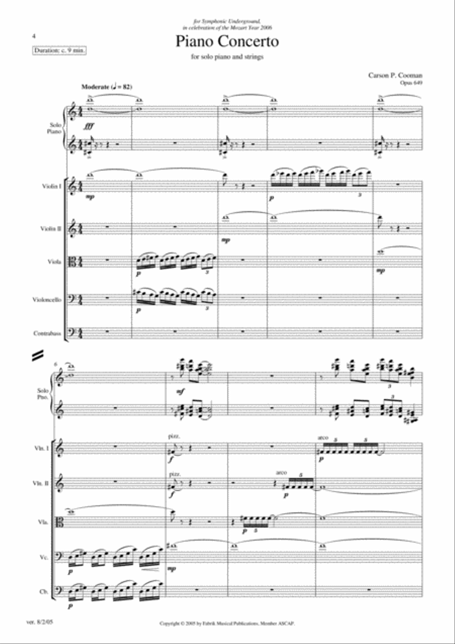 Carson Cooman: Piano Concerto (2005) for solo piano and strings, score and parts