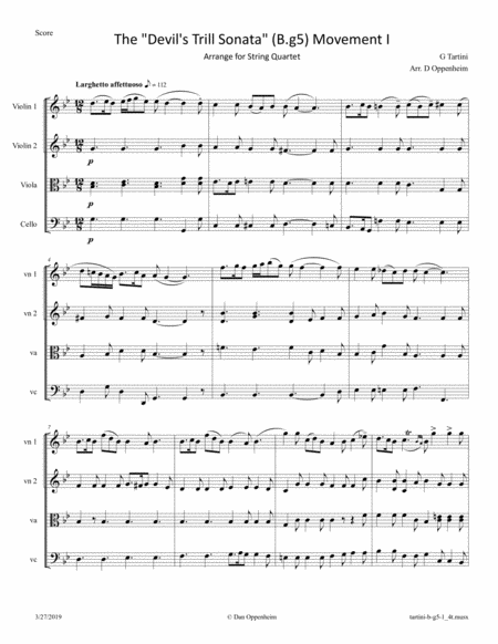 Tartini: Devil's Trill Sonata (Bg5), Movement 1 Arranged for String Quartet image number null