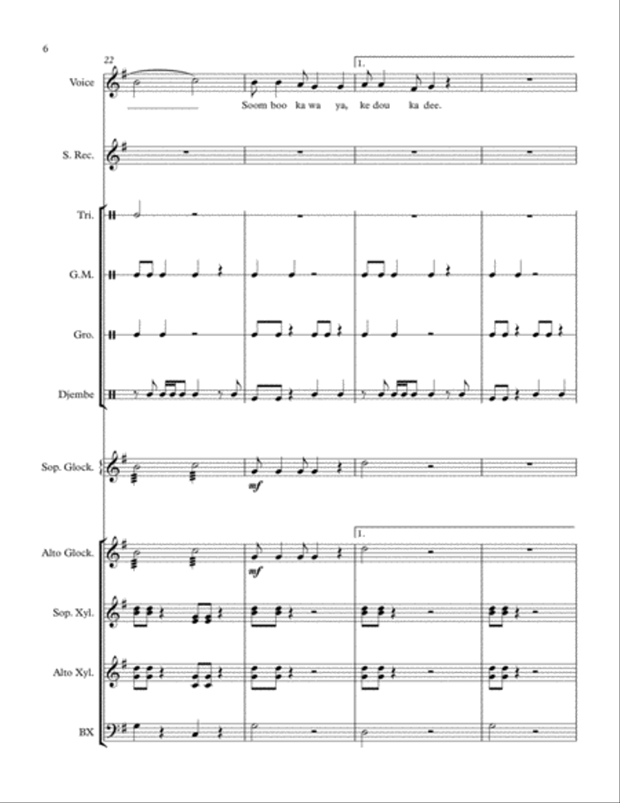 Eh Soom Boo Kawaya (African Folk Song) arranged for Orff Ensemble Orff Instrument scores gallery preview page 6
