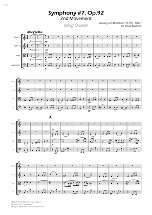 Symphony No.7, Op.92 - Allegretto - String Quartet (Full Score) - Score Only