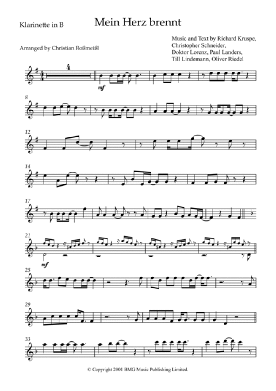 Mein Herz Brennt Mein Herz Brennt B-Flat Clarinet scores gallery preview page 2