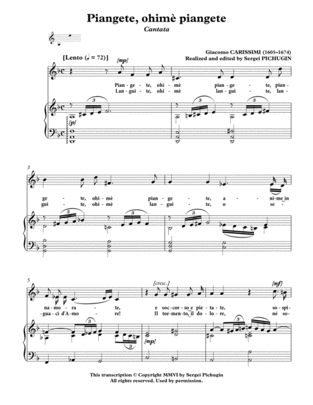 CARISSIMI, Giacomo: Piangete, ohimè piangete, cantata for Voice (Alto/Baritone) and Piano (D minor) image number null