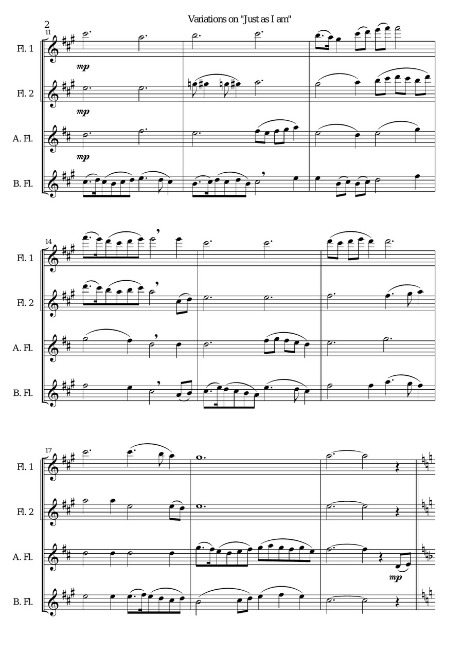 Variations on Just As I Am (Flute Quartet - 2 flutes, alto and bass flutes) Flute Quartet scores gallery preview page 2