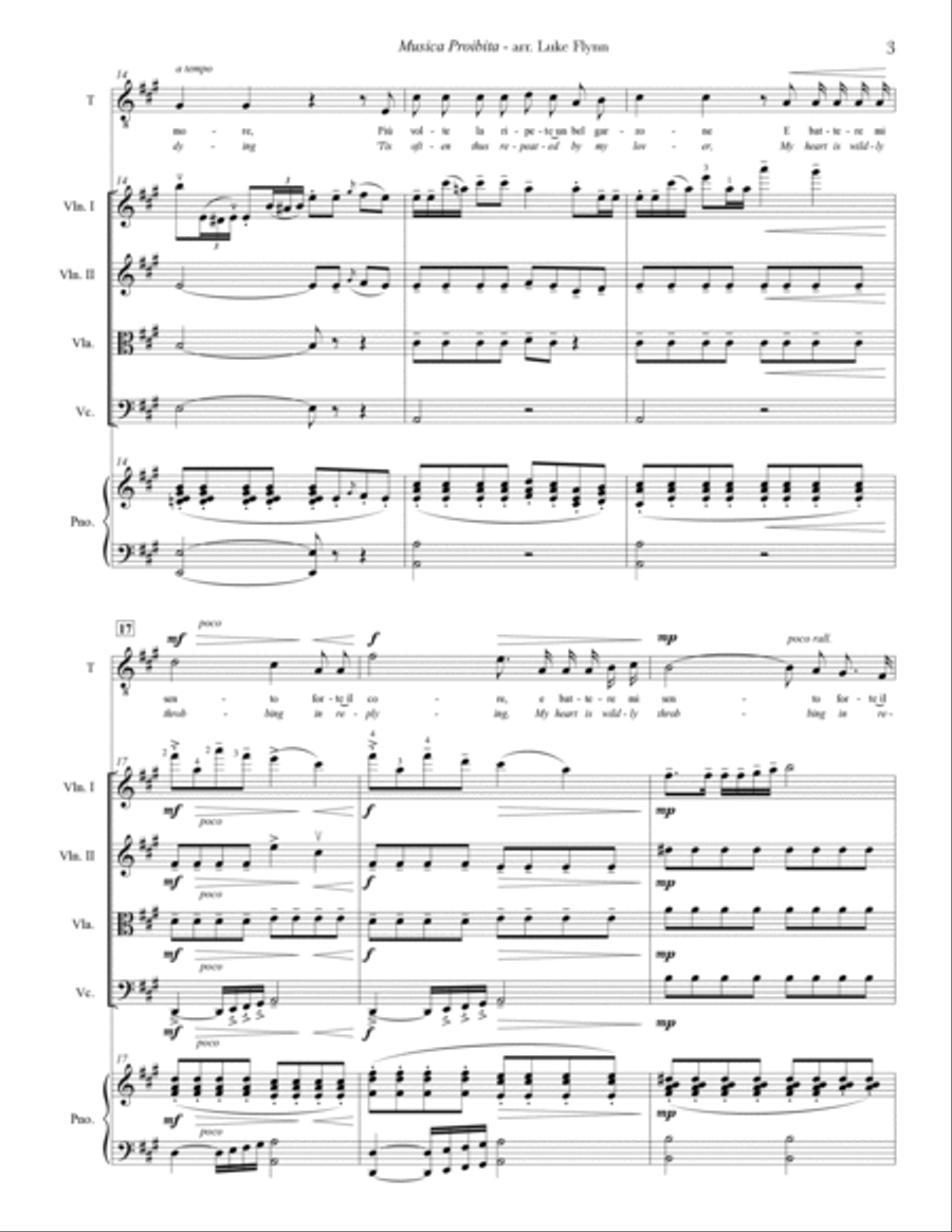 Musica Proibita for Tenor Voice, String Quartet, and Piano Small Ensemble scores gallery preview page 5