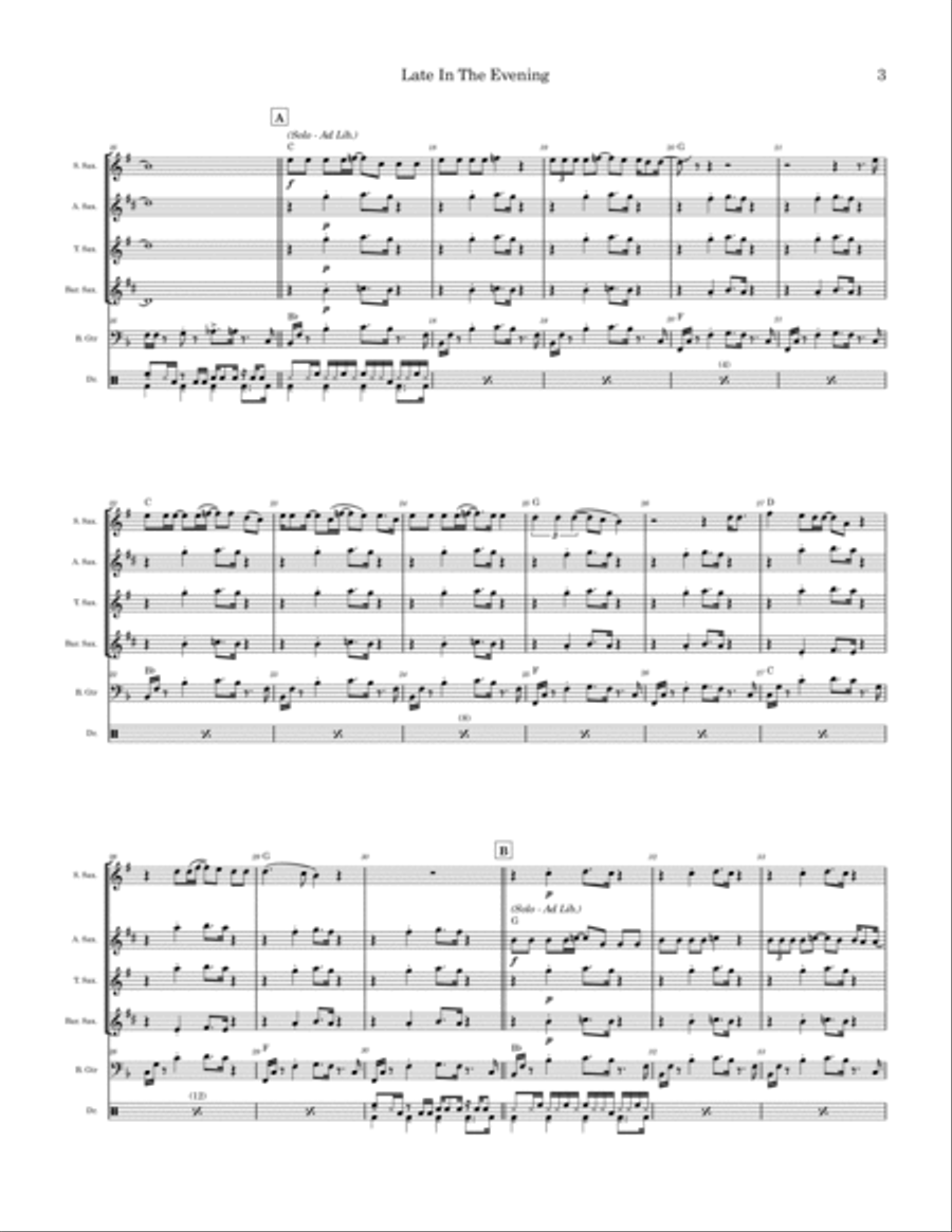 Late In The Evening Saxophone Quartet scores gallery preview page 3