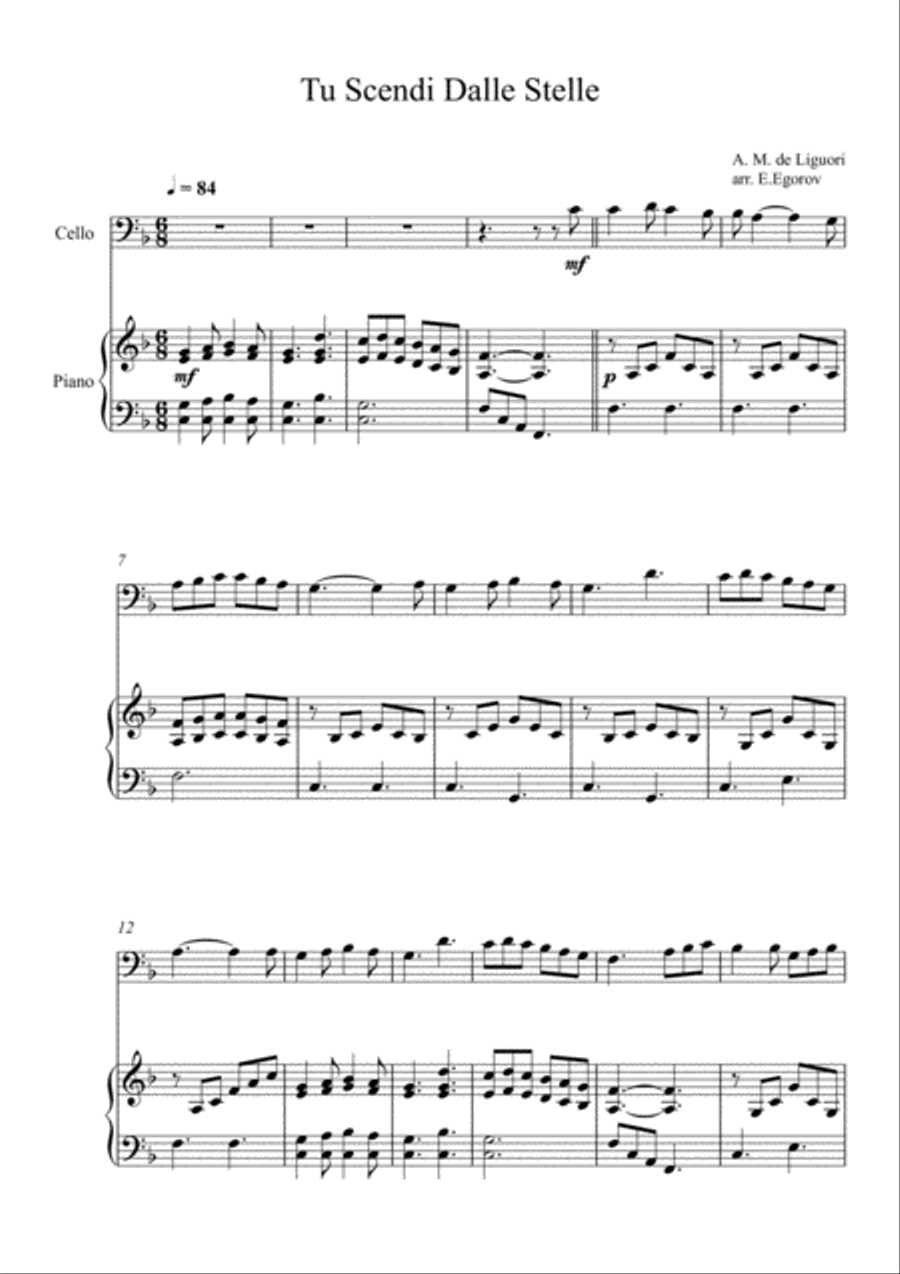 Tu Scendi Dalle Stelle, Alfons Maria de Liguori, For Cello & Piano Piano scores gallery preview page 1