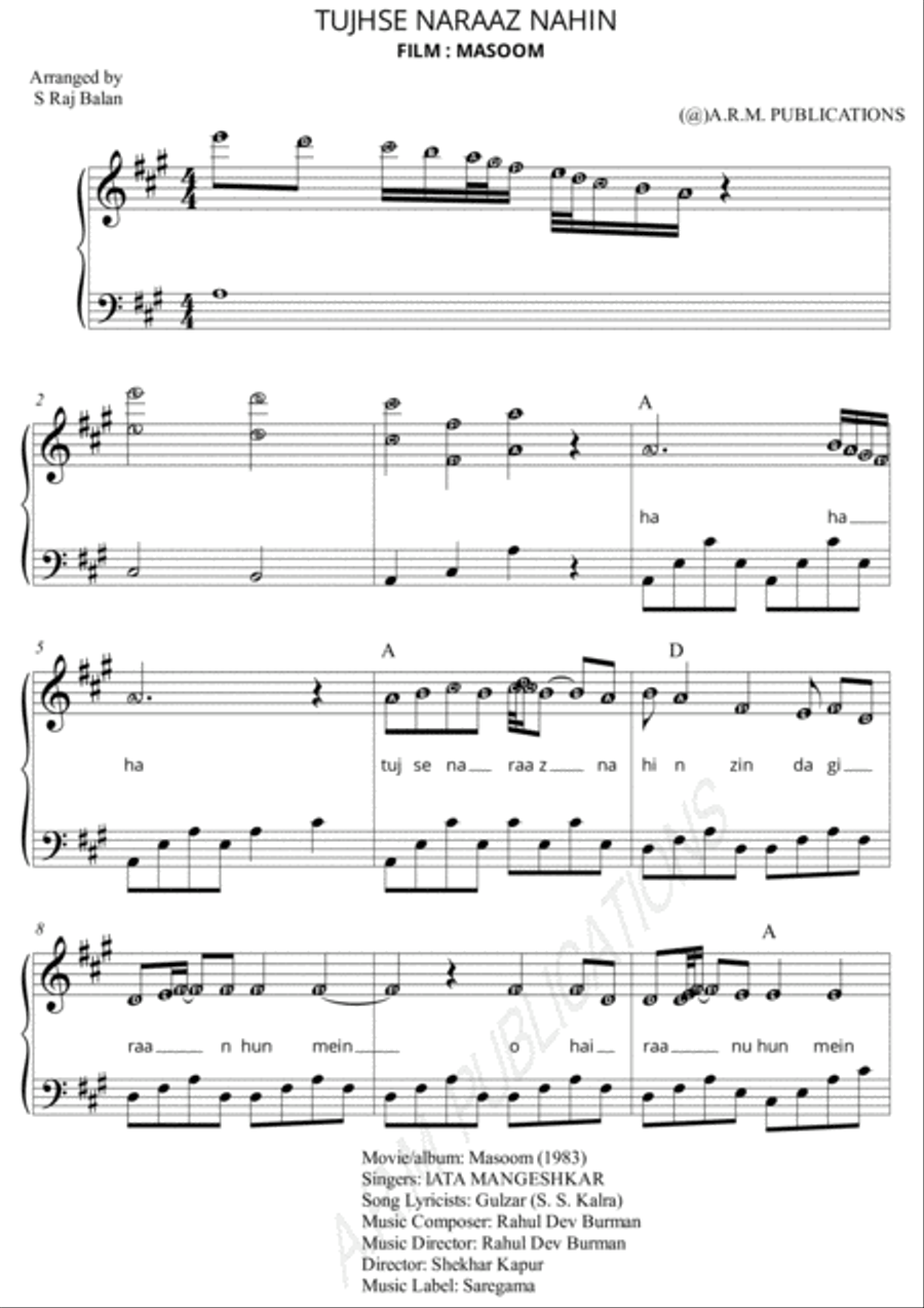 TUJHSE NAARAZ NAHIN PIANO SHEET MUSIC Voice scores gallery preview page 1