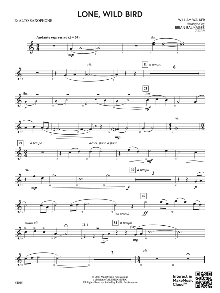 Lone, Wild Bird: E-flat Alto Saxophone Concert Band scores gallery preview page 1
