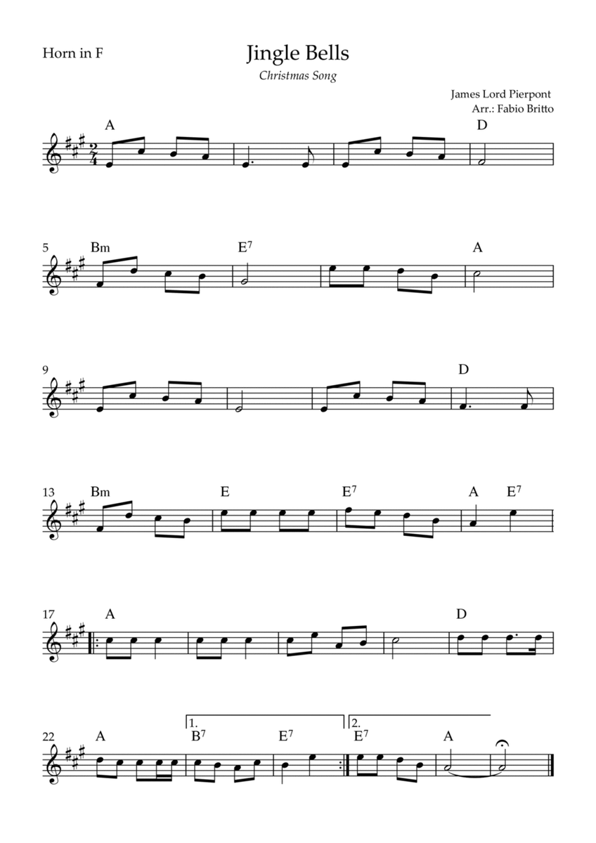 Jingle Bells (Christmas Song) for Horn in F Solo with Chords