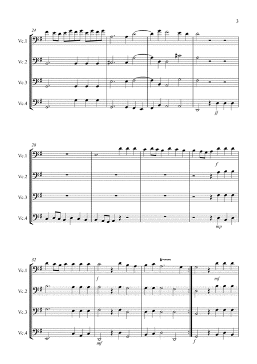 Hornpipe from Handel's Water Music for Cello Quartet Cello Solo scores gallery preview page 3