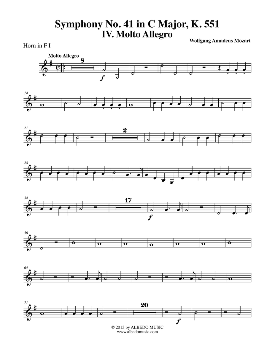 Mozart Symphony No. 41, Jupiter, Movement IV - Horn in F 1 (Transposed Part), K. 551 Horn Solo scores gallery preview page 1