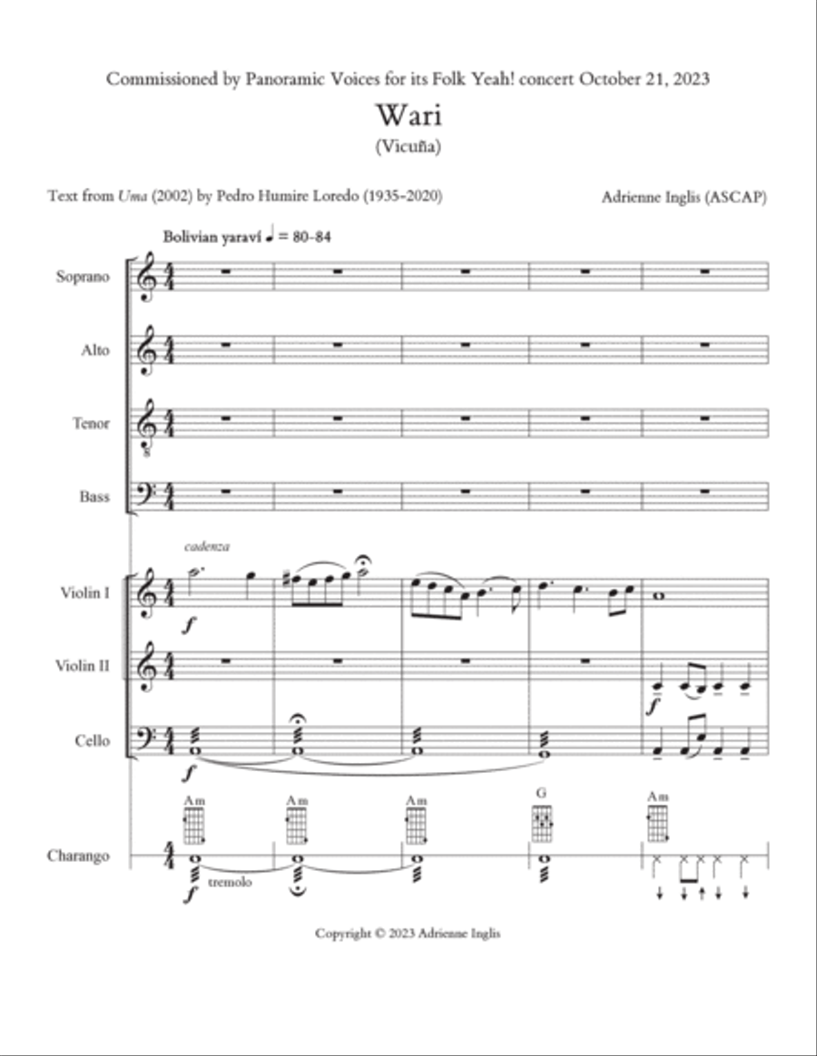 Wari (Vicuña) for SATB + string quartet with optional charango 4-Part scores gallery preview page 3