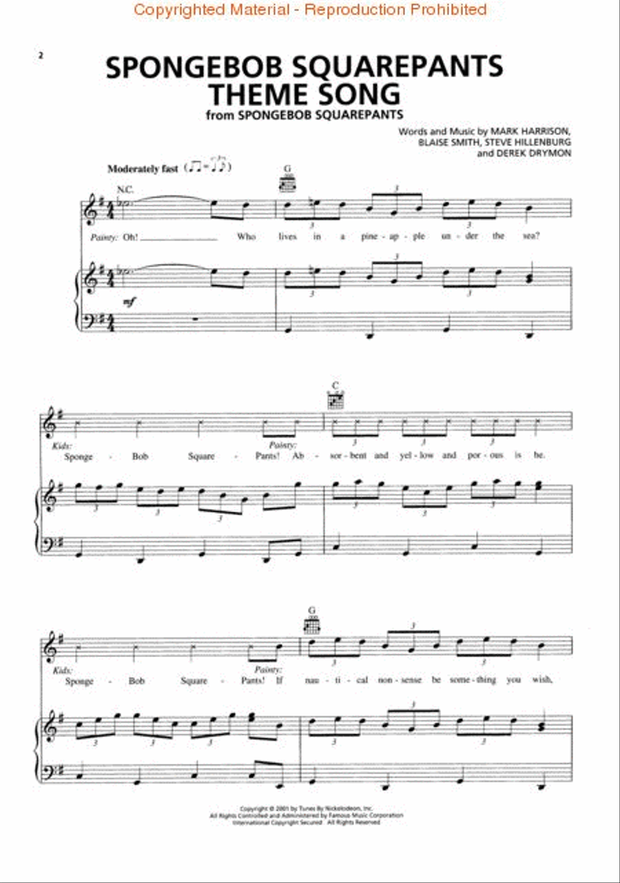 SpongeBob SquarePants (Theme Song) Piano, Vocal, Guitar scores gallery preview page 2