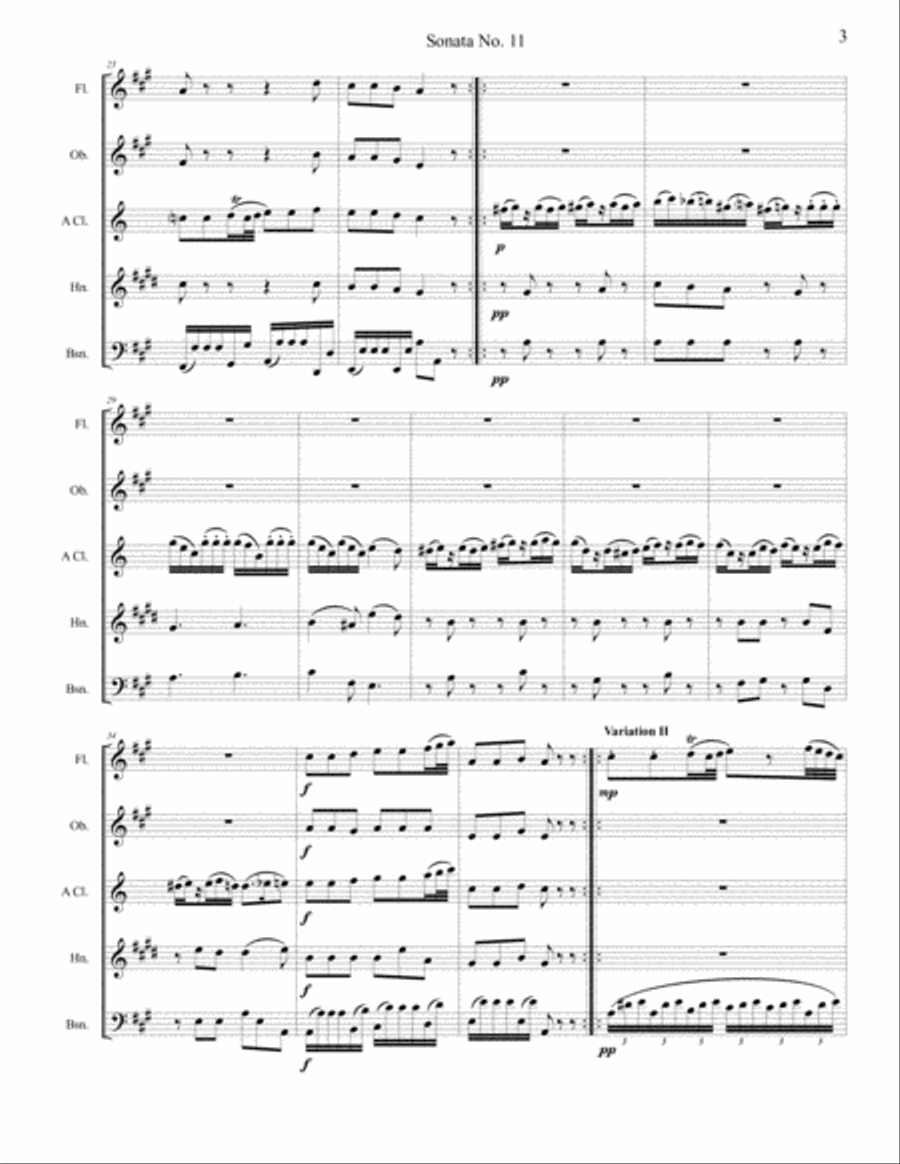 Piano Sonata No 11 (Alla Turca) Movement 1, Theme and Variations Woodwind Quintet scores gallery preview page 3