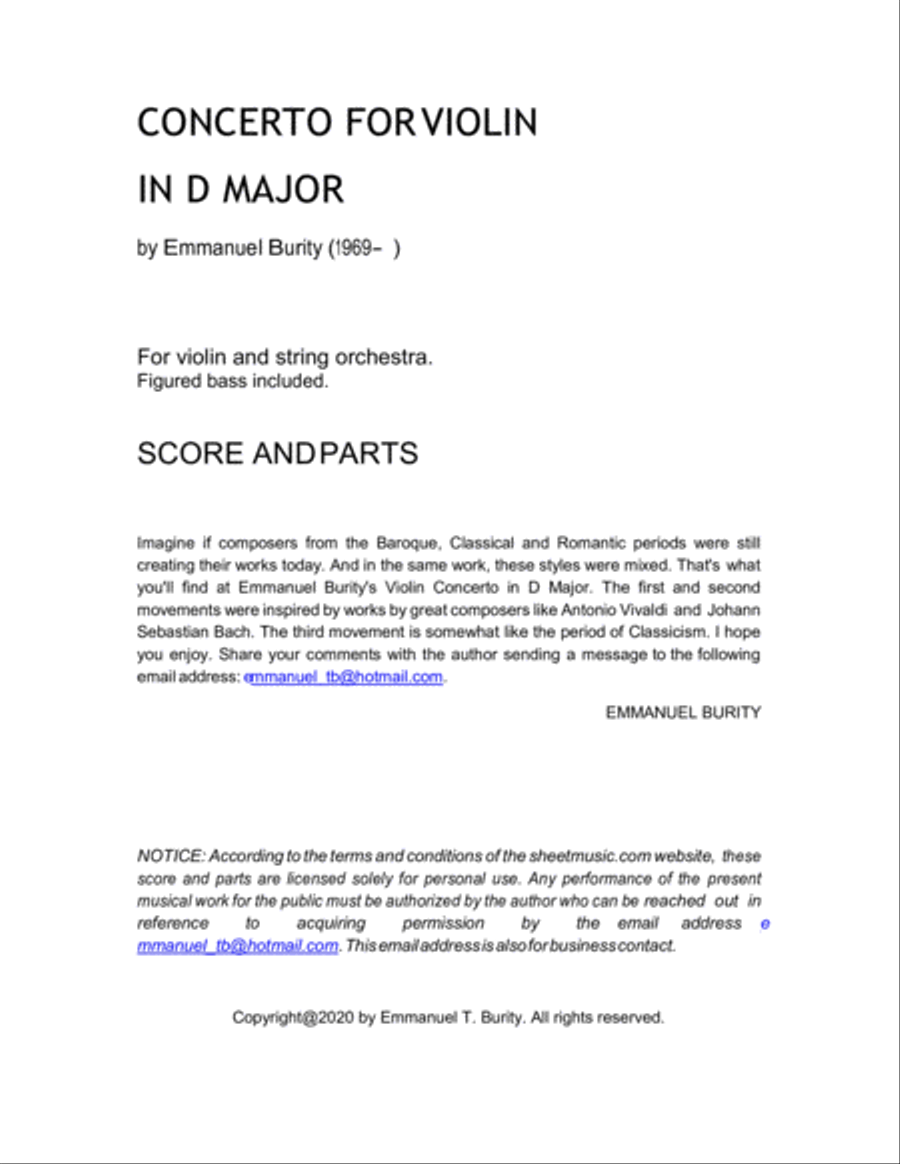 Concerto for Violin in D Major by Emmanuel Burity (1969- ) String Orchestra scores gallery preview page 2