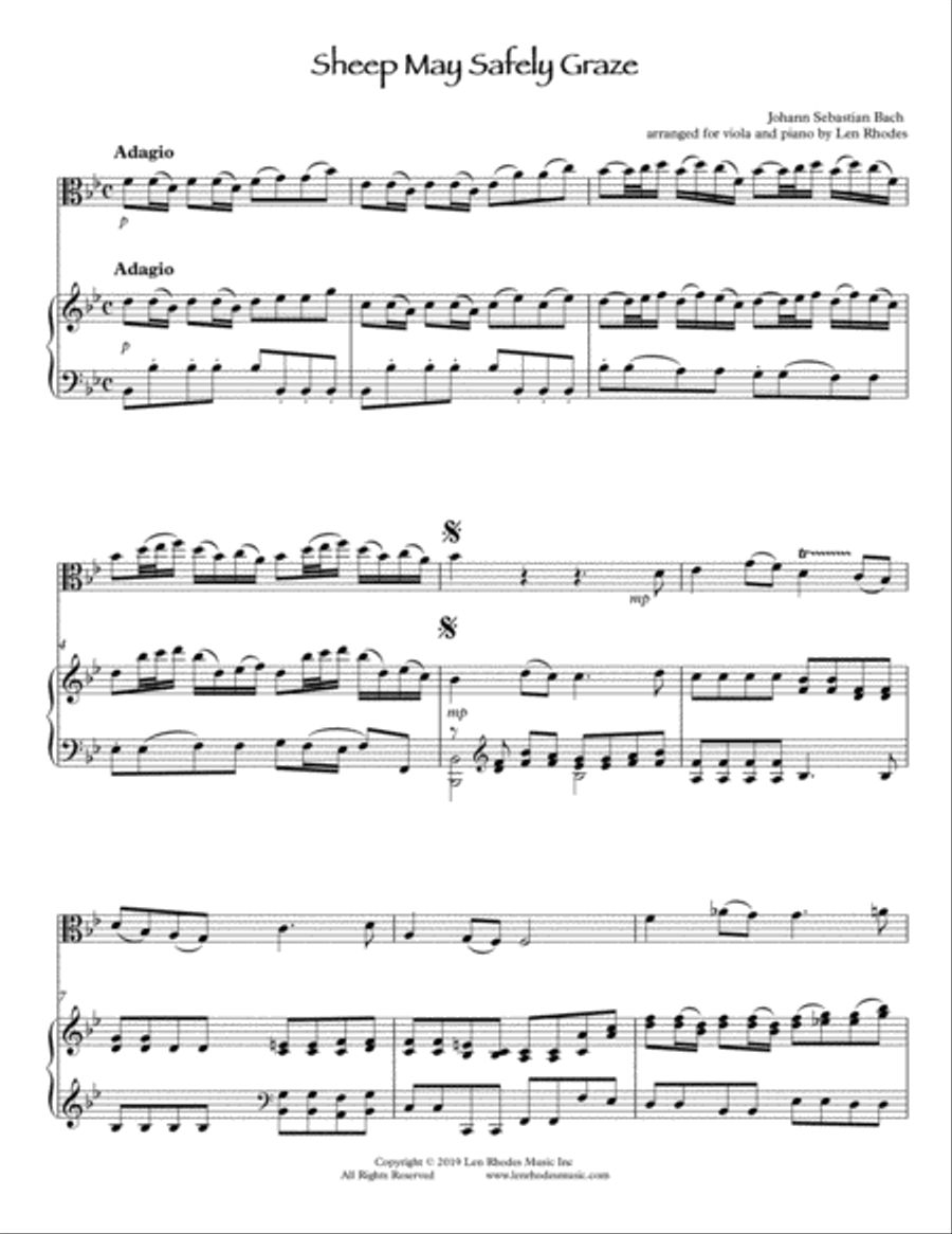 Bach - Sheep May Safely Graze, arranged for Viola and Piano Piano scores gallery preview page 1