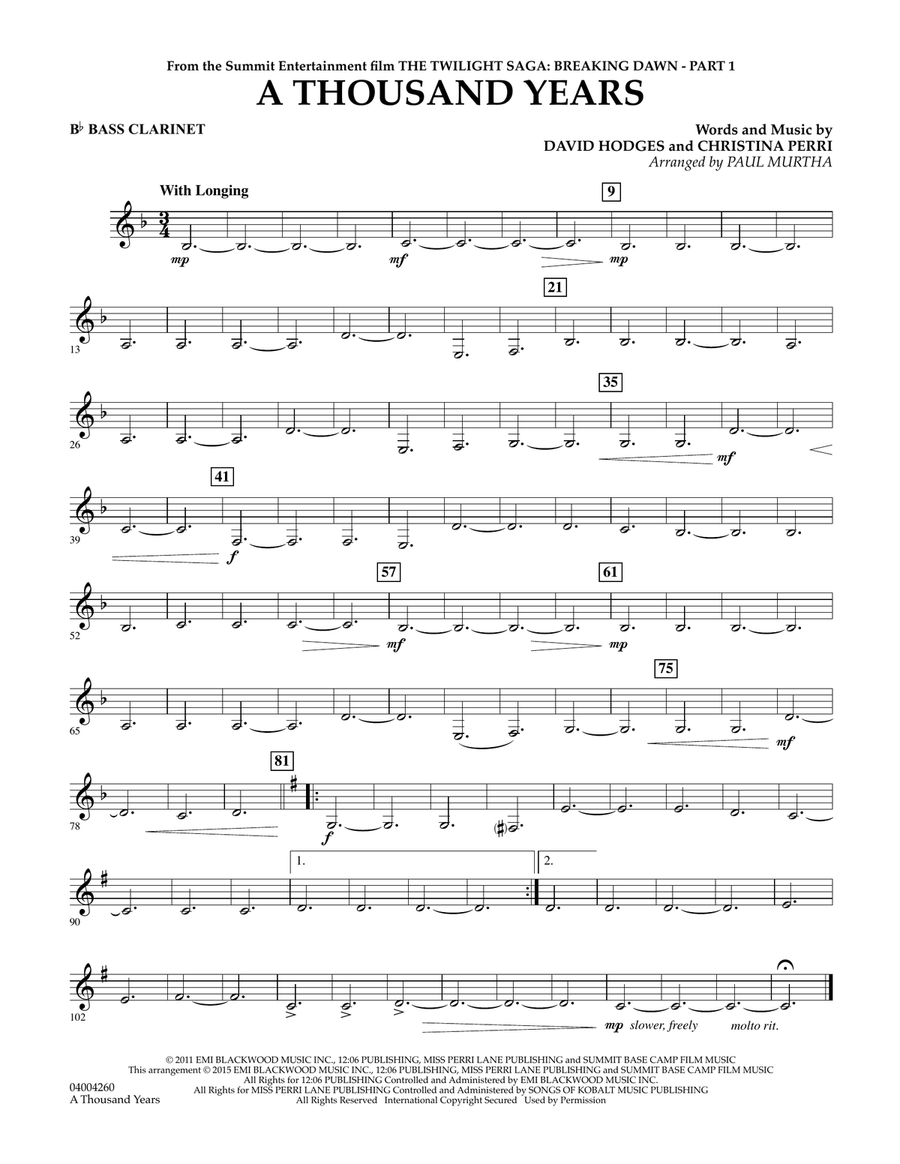 A Thousand Years (from The Twilight Saga: Breaking Dawn, Part 1) - Bb Bass Clarinet Concert Band scores gallery preview page 1