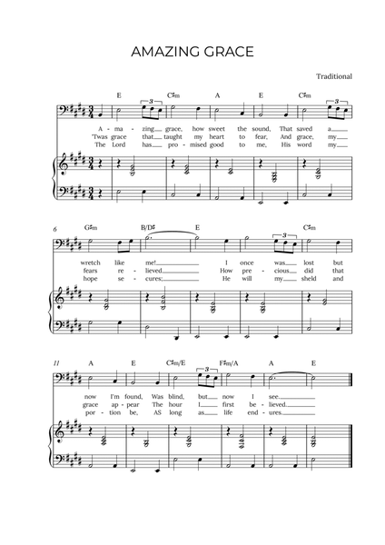 AMAZING GRACE - for piano and baritone in E major with chords image number null