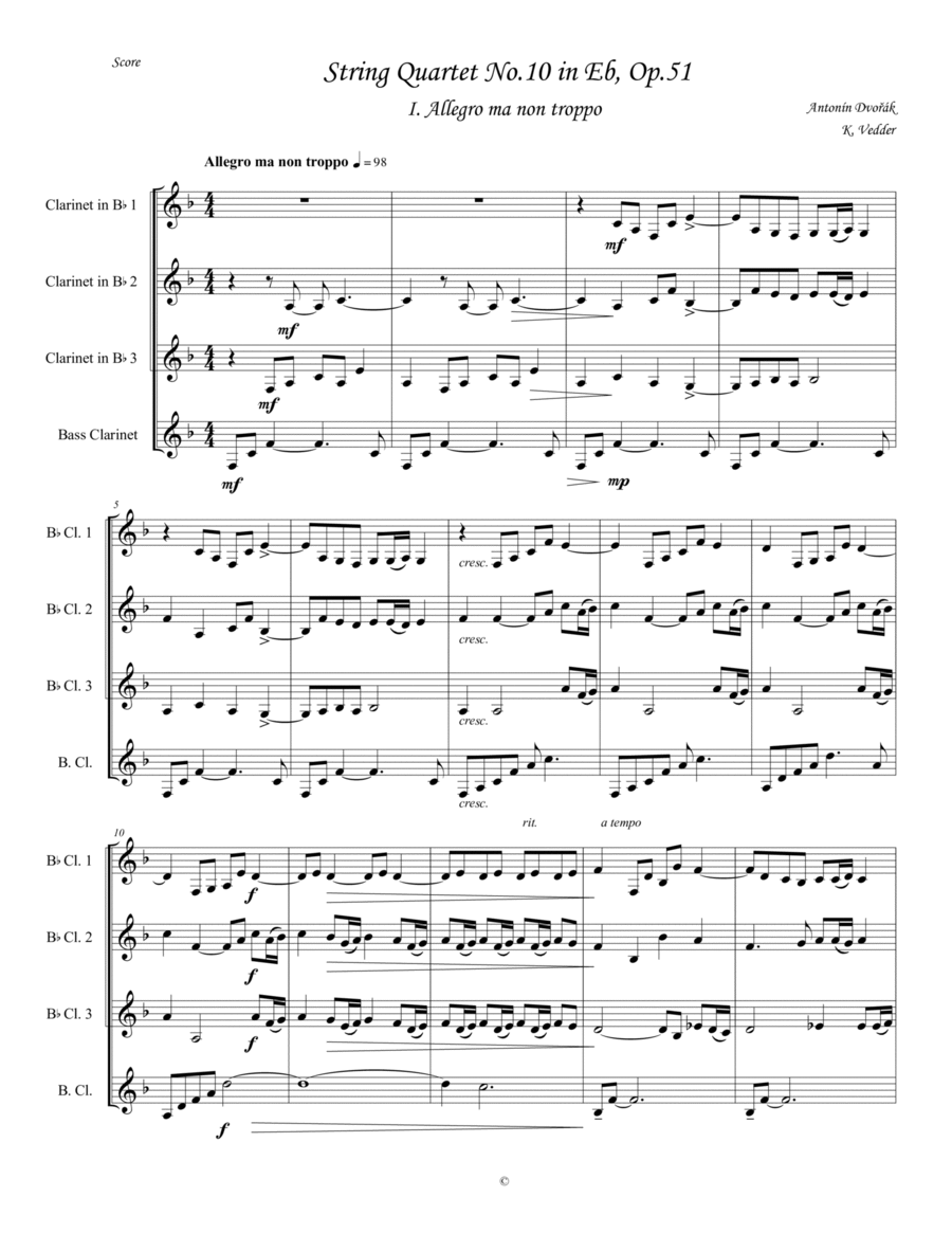 Dvořák - String Quartet No. 10 Movement 1 - Clarinet Quartet Clarinet Solo scores gallery preview page 1