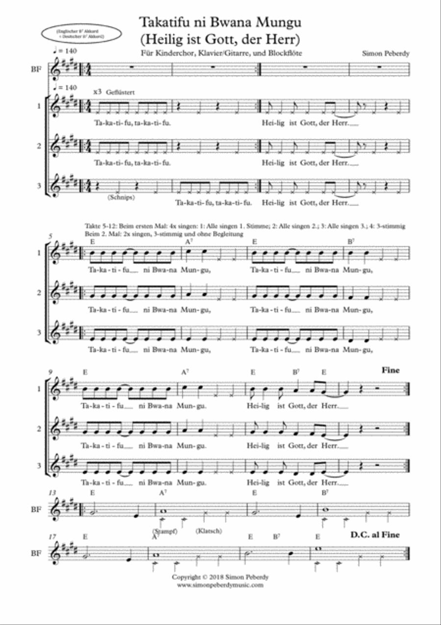 Takatifu ni Bwana Mungu, (Heilig / Sanctus for Children's Choir) SA scores gallery preview page 4