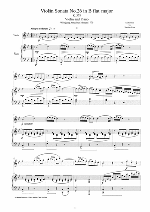 Mozart - Violin Sonata No.26 in B flat K 378 for Violin and Piano - Score and Part