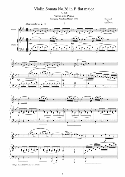 Mozart - Violin Sonata No.26 in B flat K 378 for Violin and Piano - Score and Part image number null