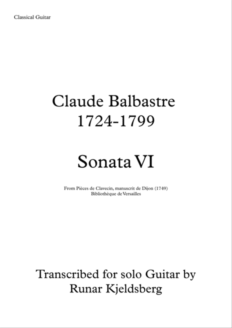 Claude Balbastre - Sonata VI transcribed for Solo Classical Guitar Acoustic Guitar scores gallery preview page 1