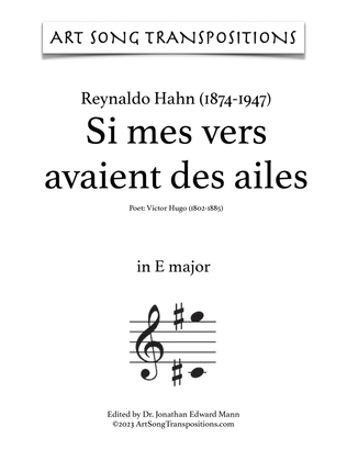 Book cover for HAHN: Si mes vers avaient des ailes (transposed to E major)