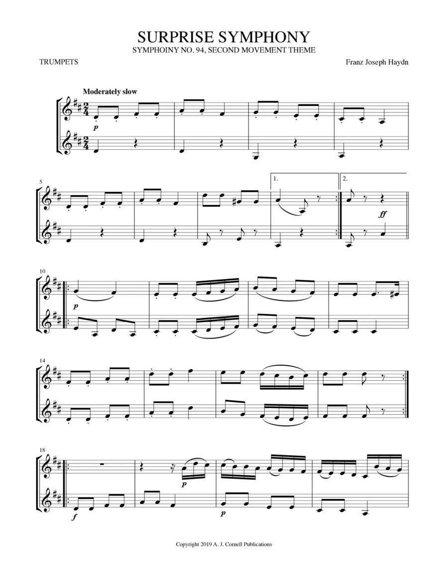 Surprise Symphony (Symphony No. 94, Second Movement Theme) Trumpet Duet scores gallery preview page 1