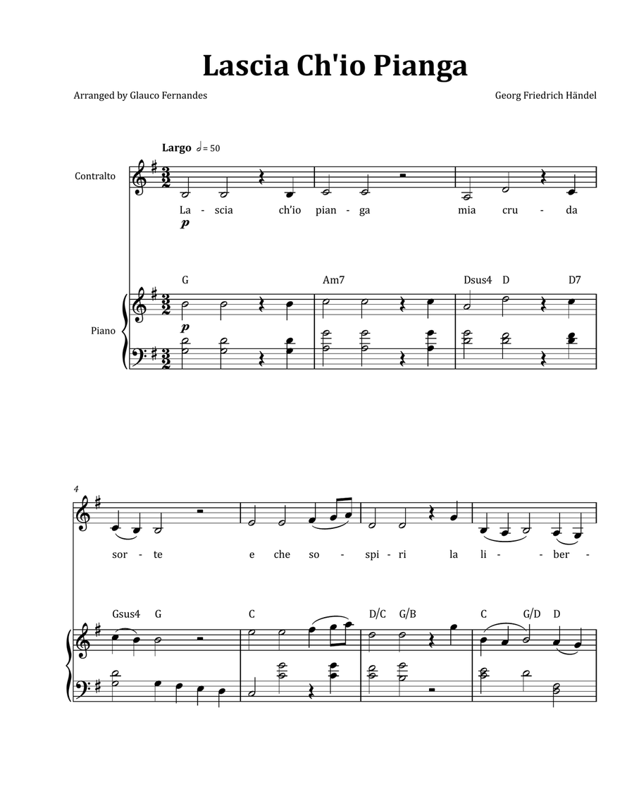 Lascia Ch'io Pianga by Händel - Contralto & Piano in G Major with Chord Notation Chamber Music scores gallery preview page 1