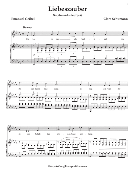 CLARA SCHUMANN: Liebeszauber, Op. 13 no. 3 (transposed to D-flat major)