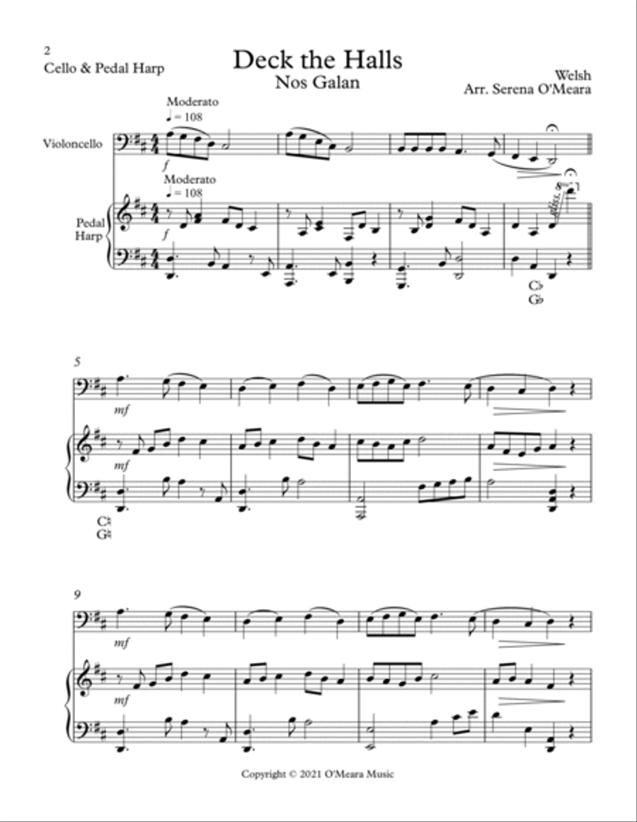 Deck The Halls, Duet for Cello and Pedal Harp String Duet scores gallery preview page 2