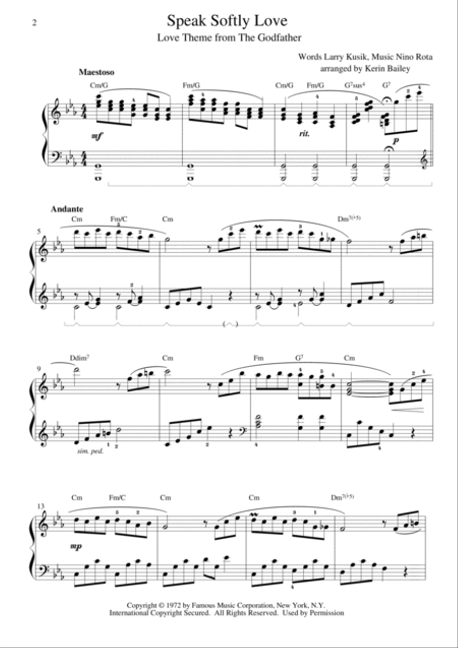 Speak Softly Love Piano Solo scores gallery preview page 2