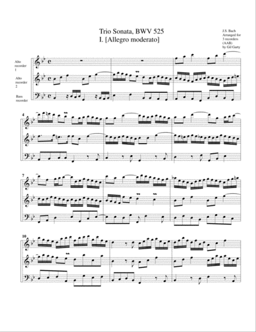 Trio sonata for organ, no.1, BWV 525 (arrangement for 3 recorders) Recorder scores gallery preview page 1