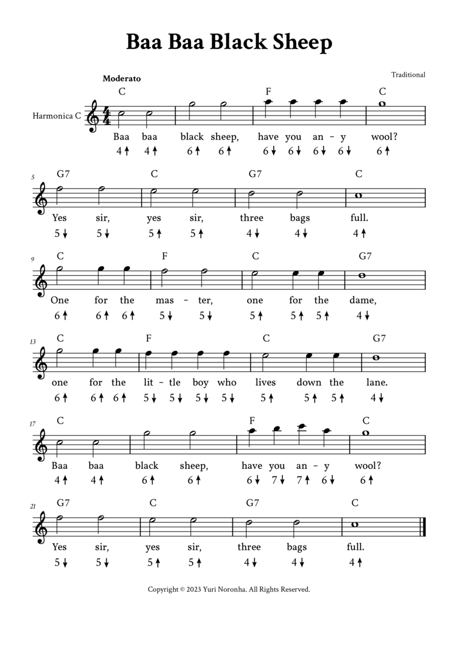 Baa Baa Black Sheep - For Harmonica in C (with TAB and Lyrics - Easy Traditional) Harmonica scores gallery preview page 1