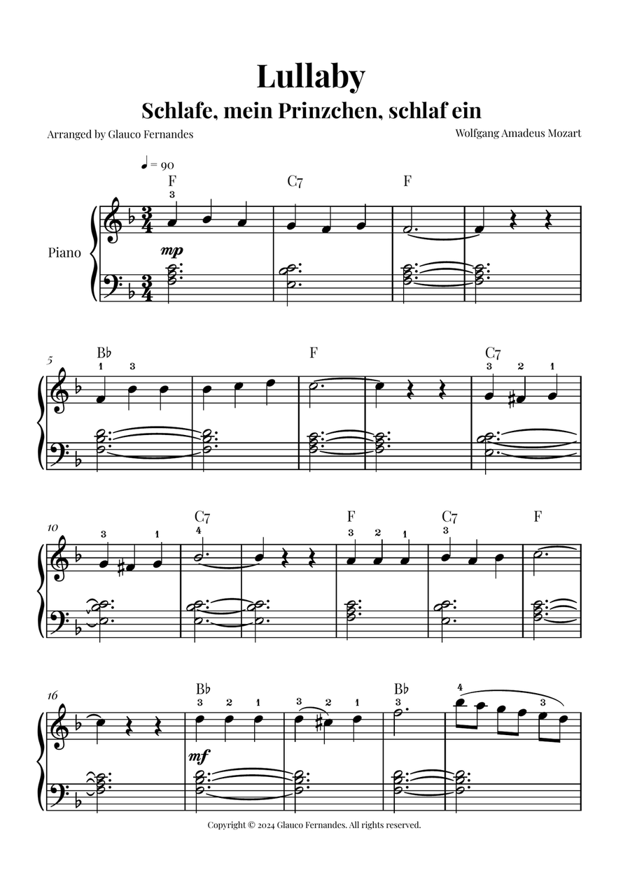 Mozart's Lullaby - Easy Piano Arrangement Piano Method scores gallery preview page 1