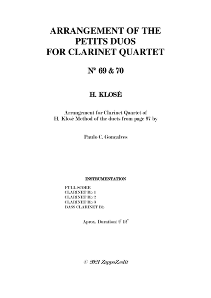 ARRANGEMENT OF THE PETITS DUOS FOR CLARINET QUARTET Nº 69 & 70 image number null