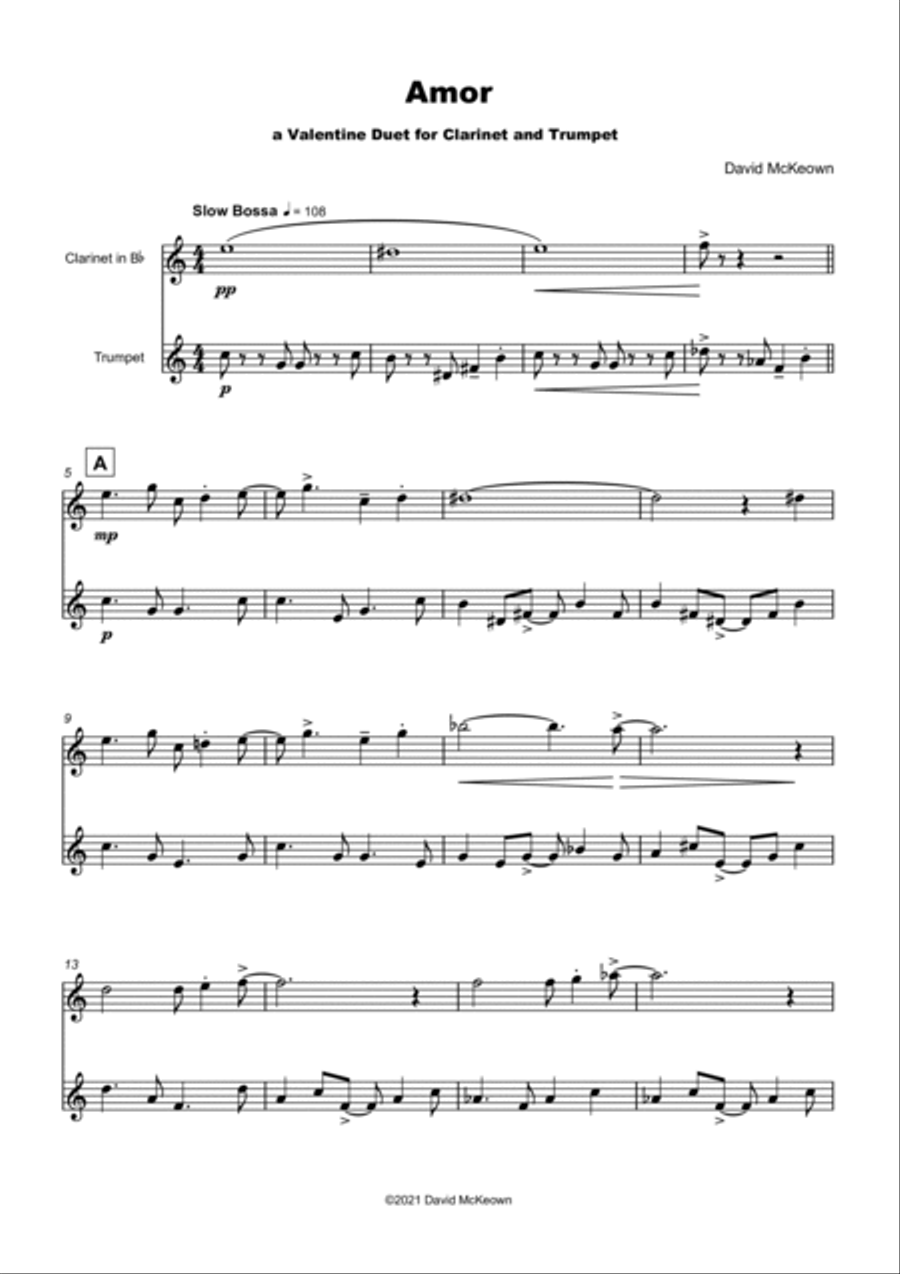 Amor, (Portuguese for Love), Clarinet and Trumpet Duet Clarinet scores gallery preview page 2