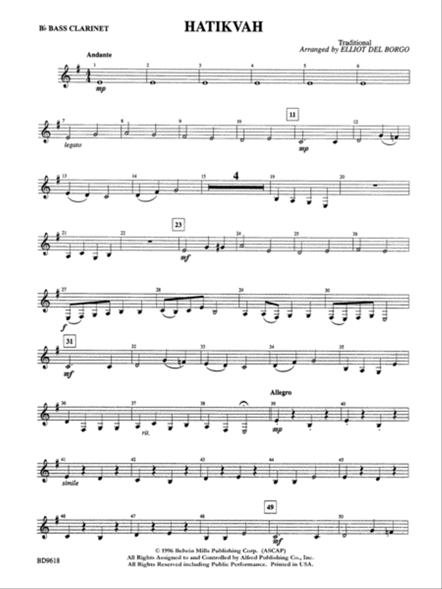 Hatikvah: B-flat Bass Clarinet Concert Band scores gallery preview page 1