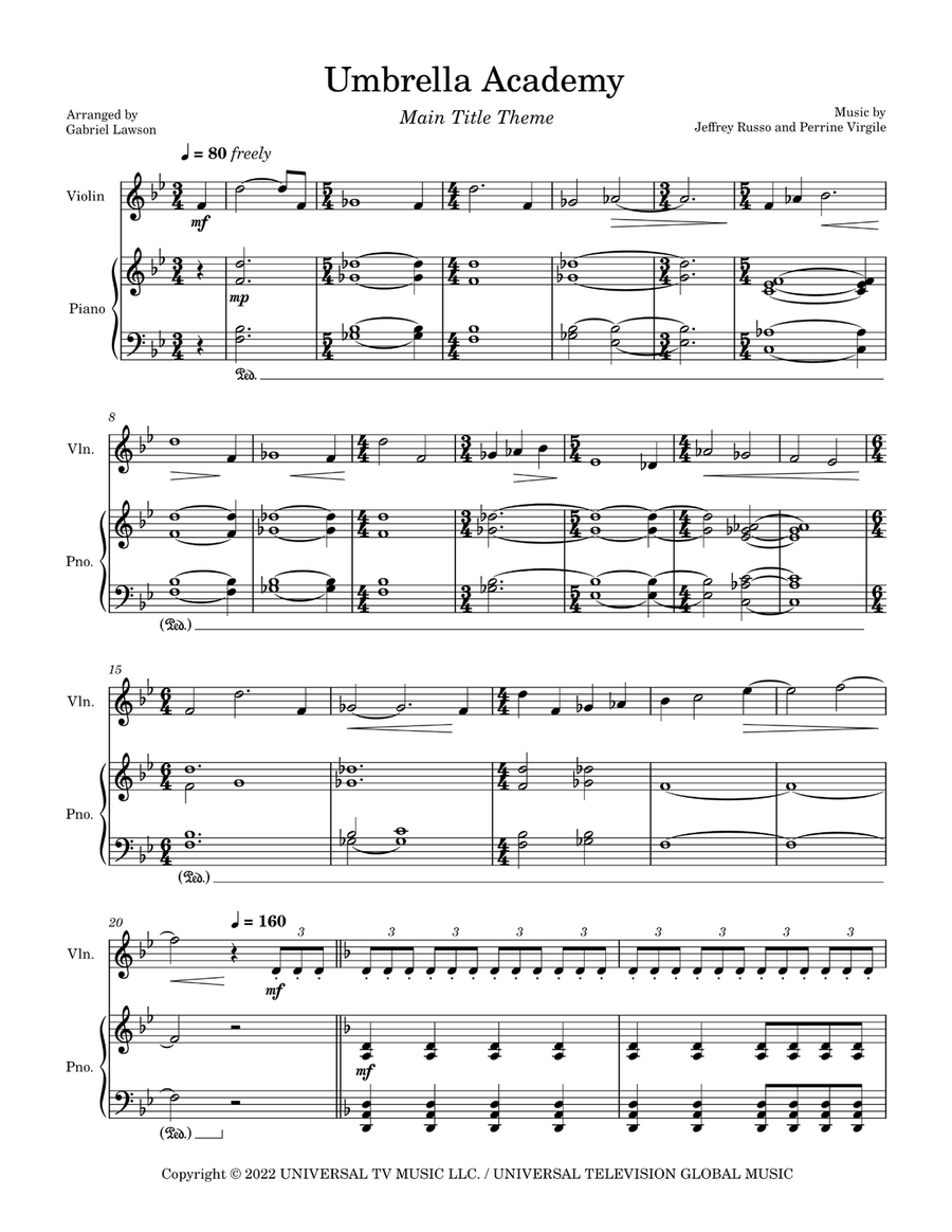 Umbrella Academy - Main Title Theme Violin Solo scores gallery preview page 1